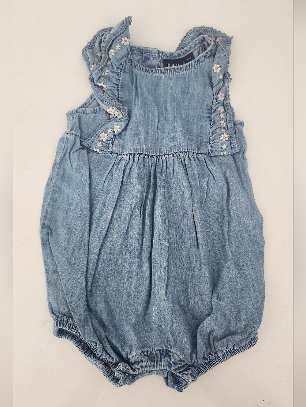 GAP Baby Girl Denim Blue Baby Romper Floral Embroidered Ruffle 6-12M